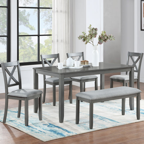 Comedor Rectangular de Madera 6 Puestos - 4 Sillas Tapizadas y Un Banco Gris 48 - 003