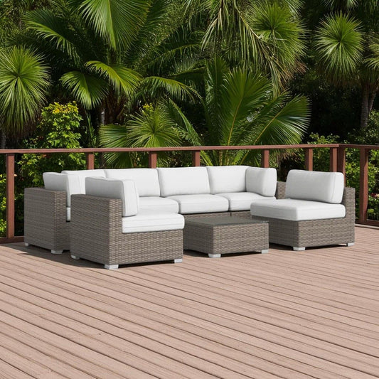 6 Person All Weather Wicker Patio Set With Premium Cushions - Gray Mix