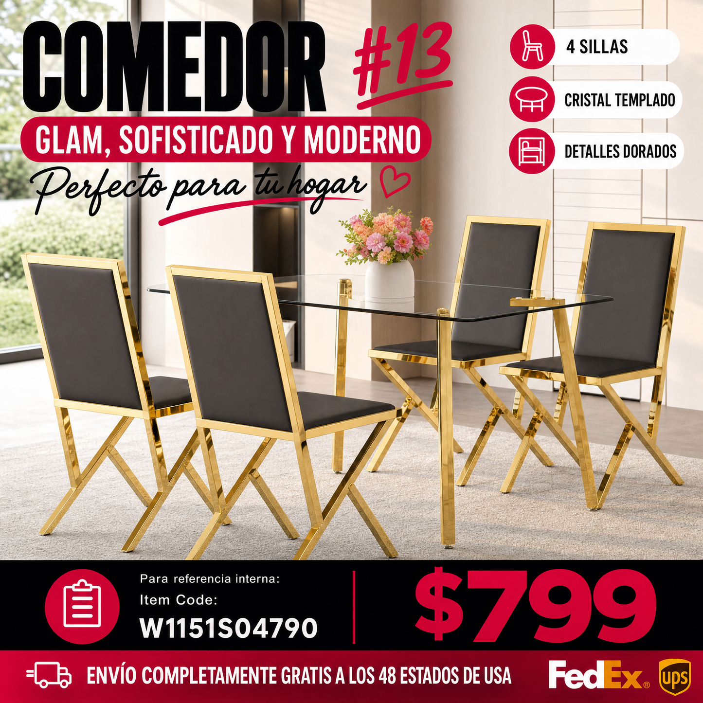 COMEDOR #13 Table and chair set.51 × 31.5-inch tempered glass dining table, paired with a set of 4 Black PU dining chairs. Modern light luxury home restaurant table and chair combination.
