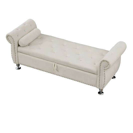 Storage Bench With Crystal Buttons And 1 Pillow For Bedroom