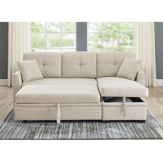 Upholstered Sectional & Pull Out Bed And Chaise Storage - Almond