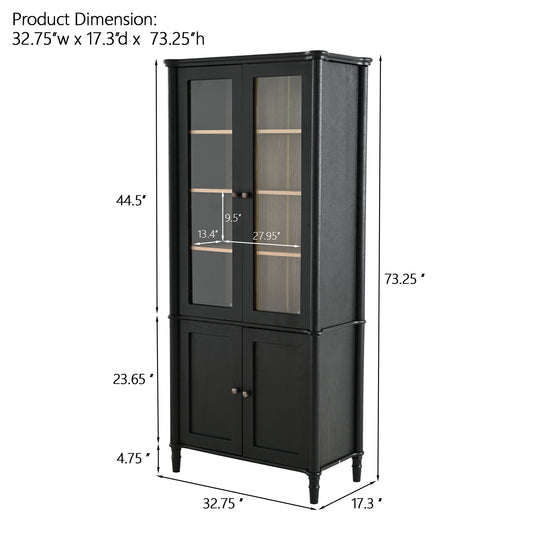 Vintage Display Cabinet With Double Glass Doors, Traditional Style For Collectibles, Ash Wood Veneer, 73.25" Tall - Black / Natural