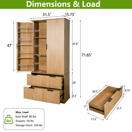 Fluted Kitchen Pantry Cabinet With 2 Large Drawers & 8 Door Spice Rack Freestanding Storage Organizer - Oak