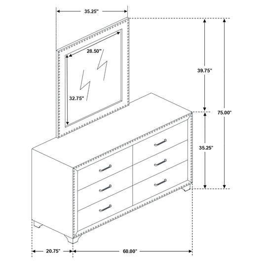 6 Drawer Upholstered Dresser With Mirror - Blue
