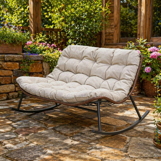 Double Wide Rocking Papasan Chair, 2 Person Outdoor Lounge Seating - Acacia Wood / Beige