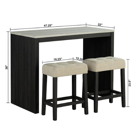 Dining Table Set With Biscuit Tufted Stools - Beige / Black / Gray
