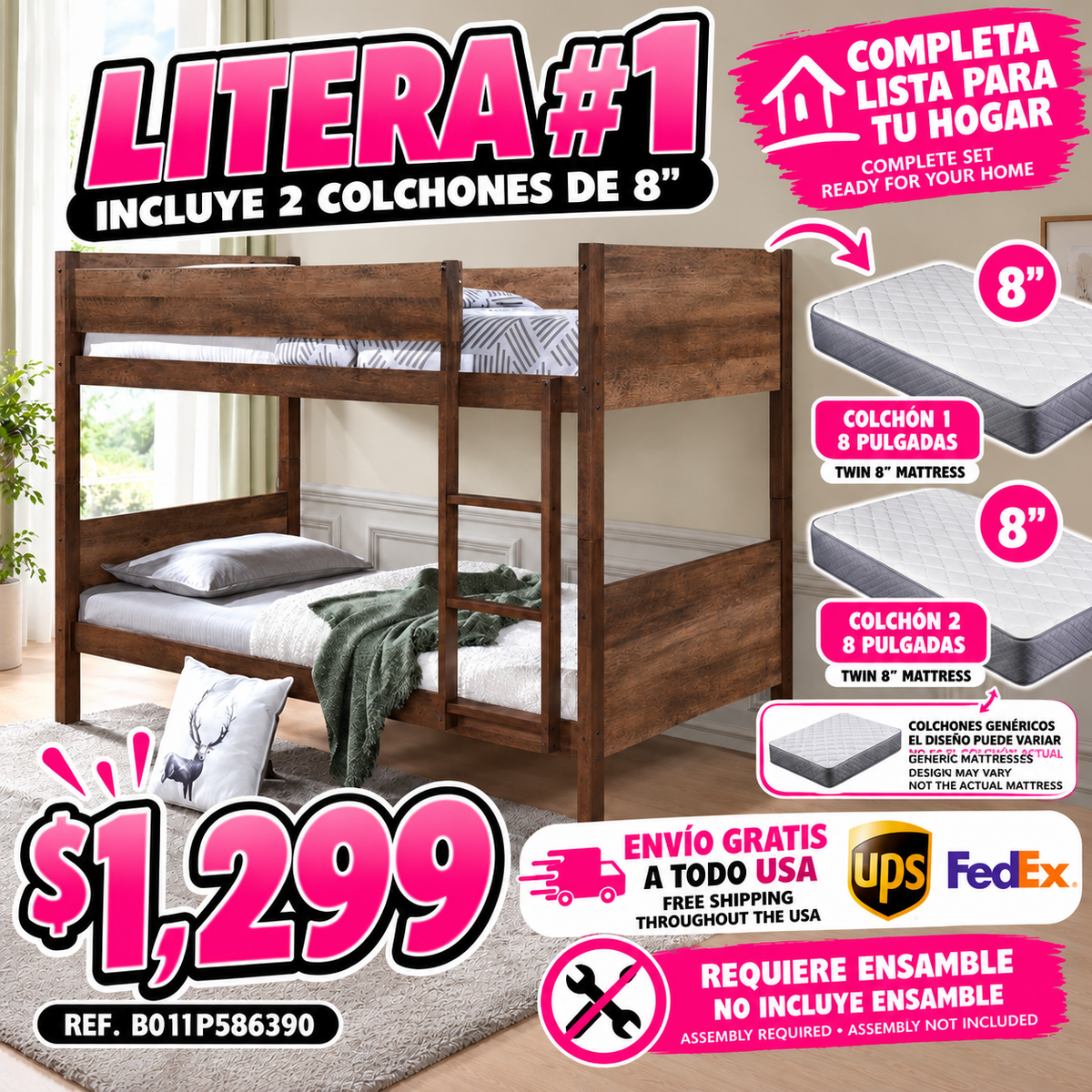48-LITERA-GIGA-0001-C Litera de Madera Café Twin/Twin con 2 Colchones Twin 8"