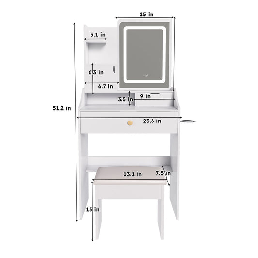 3 Color LED Vanity Mirror With Stool, 2 Drawers & 5 Storage Cabinets, Adjustable Lighting - White