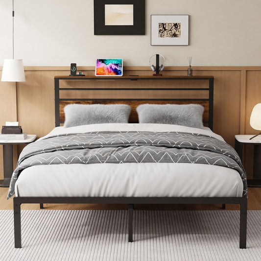 Platform Bed Frame With Charging Station & Headboard Shelves