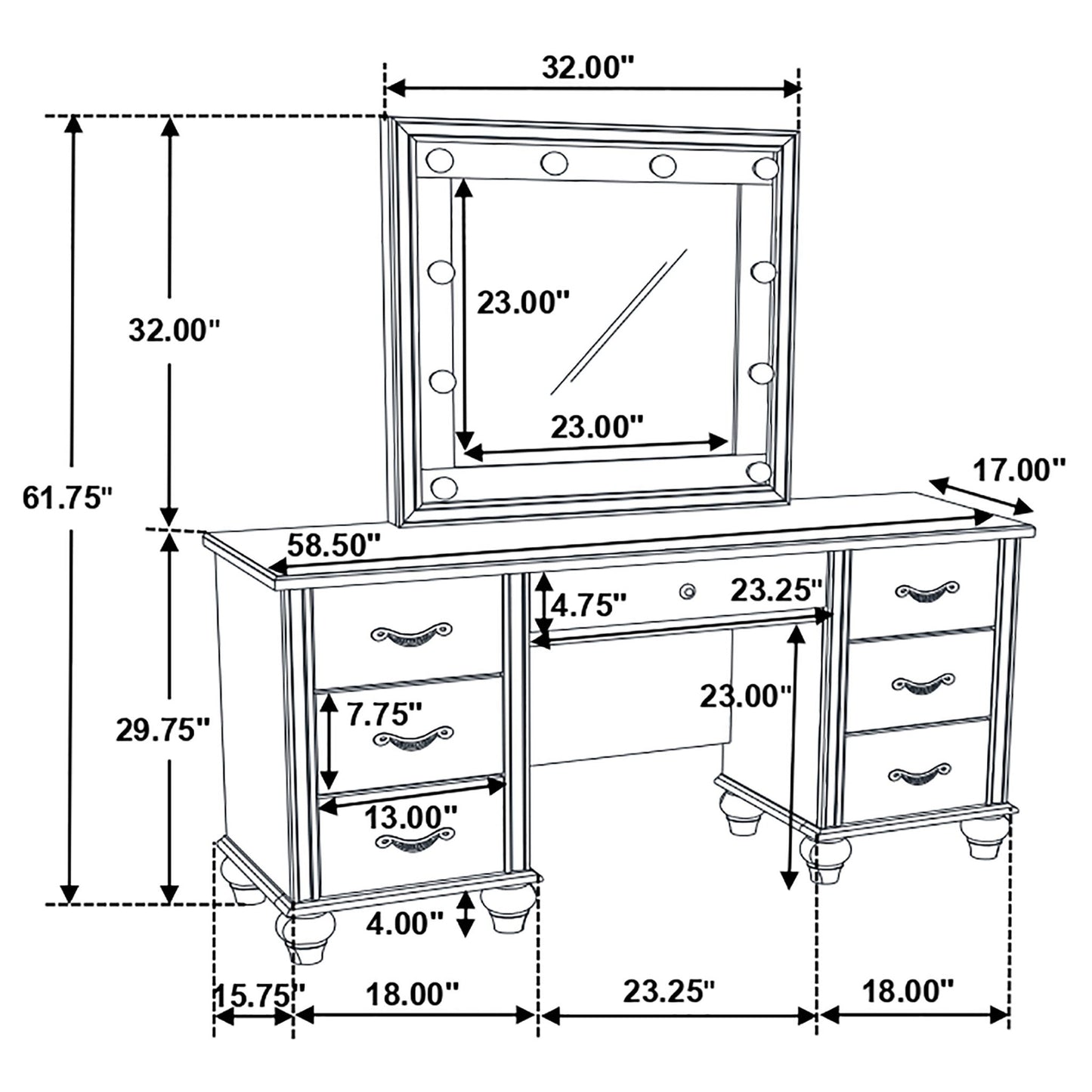 Charlotte - 7 Drawer Vanity Desk With LED Mirror - White