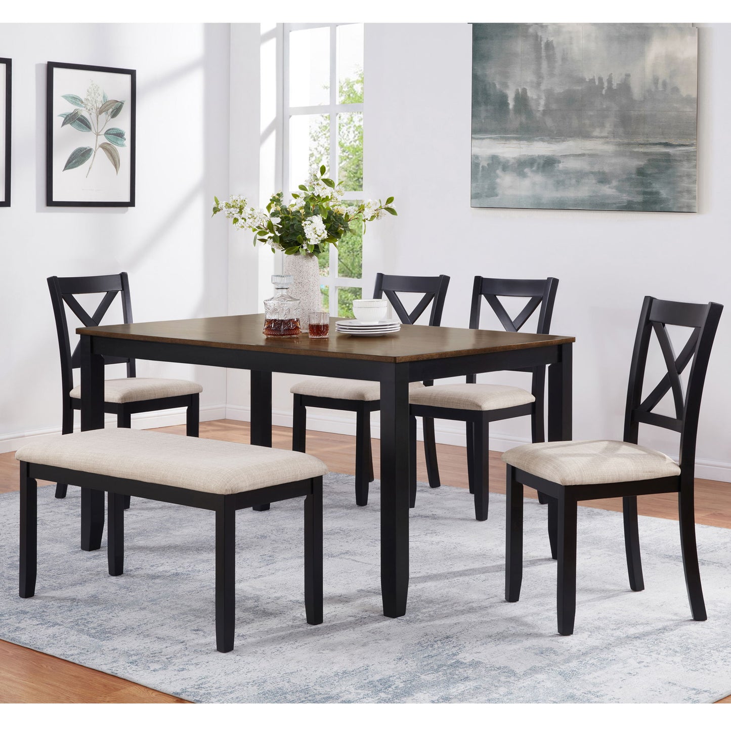 6 Piece Dining Table Set With Bench - Beige / Black / Oak