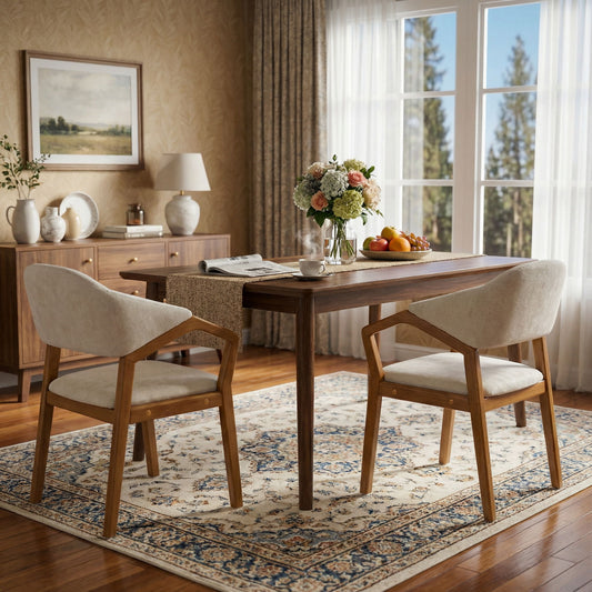 Indoor Upholstered Dining Armchair (Set of 2) - Beige / Teak