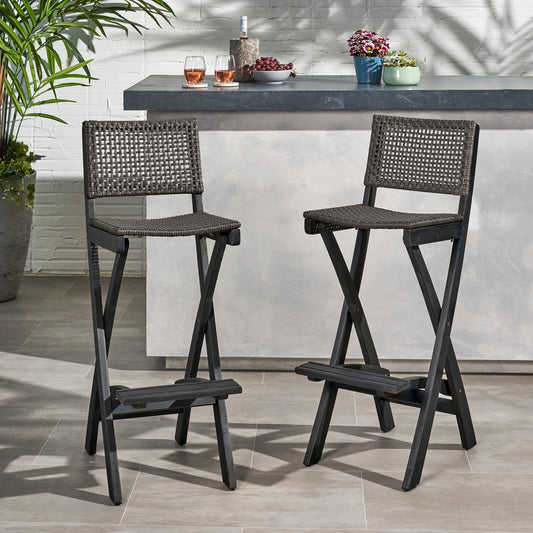 Outdoor Folding Acacia Wood Barstools With Rattan Backrest And Seat, (Set of 2) - Dark Gray