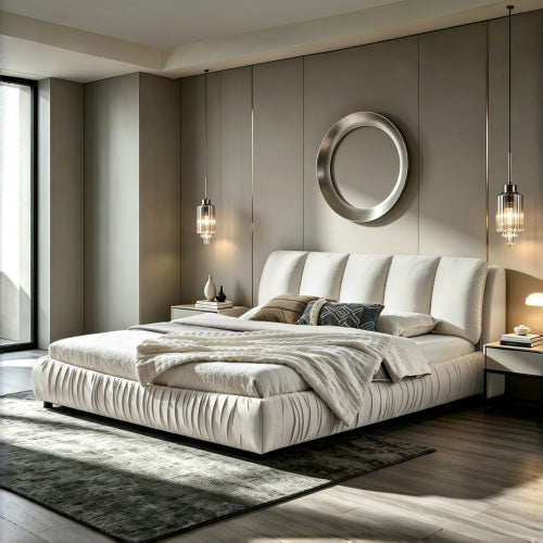 CAMA CREMA BEIGE #17 SOLO EN KING SIZE-King Size Upholstered Bed Frame, Modern Minimalist Style with Segmented Plump Compressed Sponge Headboard, Shiny velvet & Sturdy Leg Support, Mattress Not Included-Beige