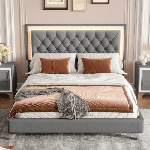 CAMA GRIS LUCES #2, QUEEN GRAY BED WITH LED LIGHTS Mid Century Vintage Nightstand with Silver Glitter Strip Decor and Metal Legs, Velvet Bedside Table with 2 Drawers, Fully Assembled Except Legs and Handles, Gray