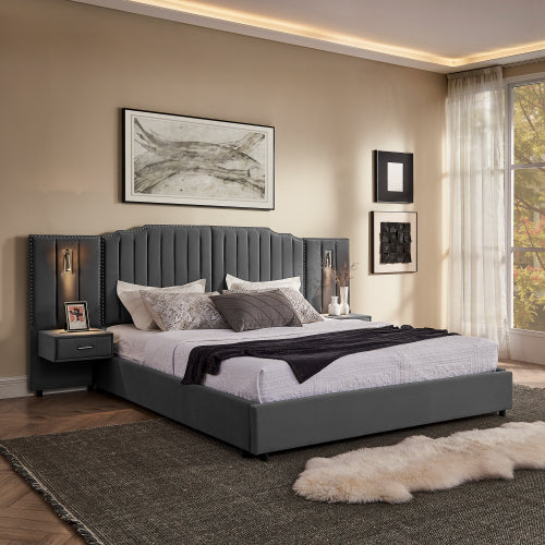 CAMA GRIS #5 CON MESITAS KING, GREY BED WITH NIGHTTABLES ATTACHED King Size Upholstered Bed Frame with Velvet Fabric, Vertical Stripe Design with Buttons Around King Size Platform Bed with Headboard, Solid Frame & Bedside Table - No Box Spring Needed-Gray