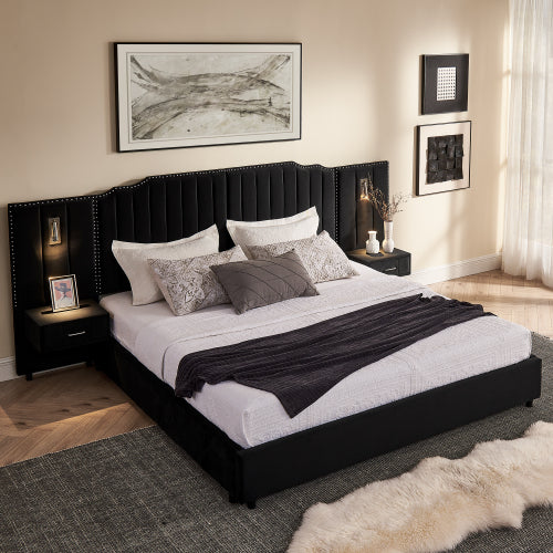 CAMA GRIS #5 CON MESITAS KING, GREY BED WITH NIGHTTABLES ATTACHED King Size Upholstered Bed Frame with Velvet Fabric, Vertical Stripe Design with Buttons Around King Size Platform Bed with Headboard, Solid Frame & Bedside Table - No Box Spring Needed-Gray