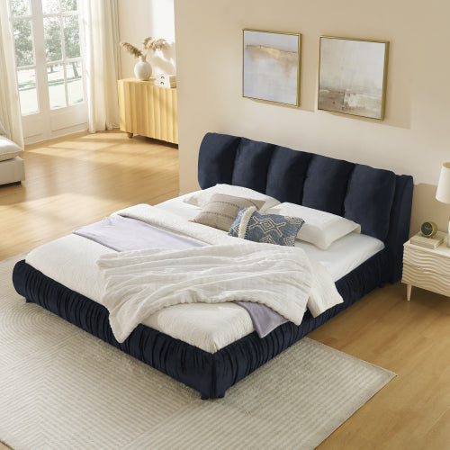 CAMA NEGRA SATIN #9KING SIZE SOLAMENTE-King Size Upholstered Bed Frame, Modern Minimalist Style with Segmented Plump Compressed Sponge Headboard, Shiny velvet & Sturdy Leg Support, Mattress Not Included-Black
