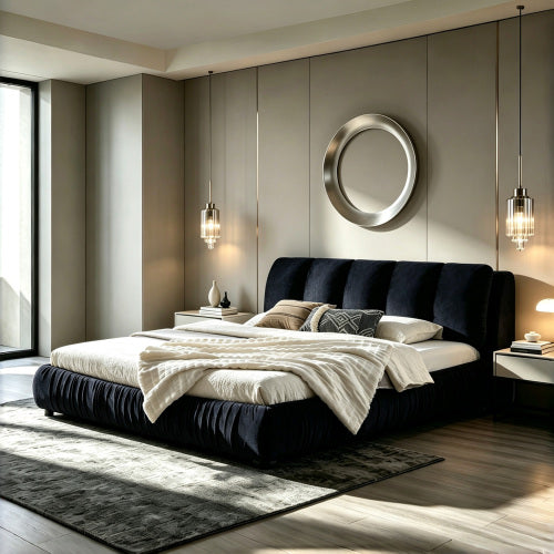 CAMA NEGRA SATIN #9KING SIZE SOLAMENTE-King Size Upholstered Bed Frame, Modern Minimalist Style with Segmented Plump Compressed Sponge Headboard, Shiny velvet & Sturdy Leg Support, Mattress Not Included-Black