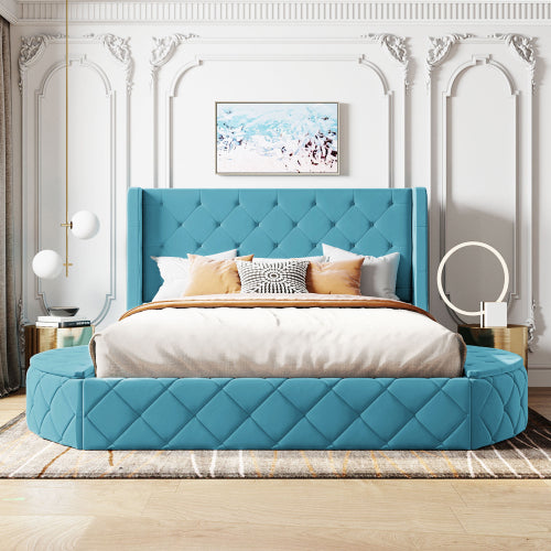 CAMA AZUL 002 QUEEN SIZE SOLAMENTE - Upholstered Platform Bed Queen Size Storage Velvet Bed with Wingback Headboard and 1 Big Drawer,2 Side Storage Stool(Blue)(Old sku: LP100815AAC)