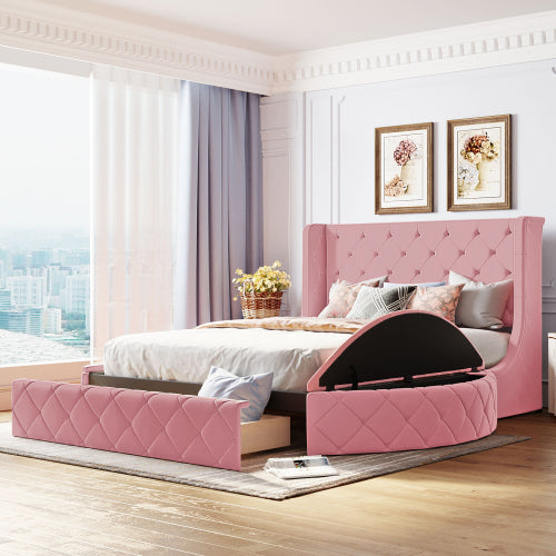 CAMA ROSA 003 QUEEN SIZE SOLAMENTE - Upholstered Platform Bed Queen Size Storage Velvet Bed with Wingback Headboard and 1 Big Drawer,2 Side Storage Stool(Pink)
