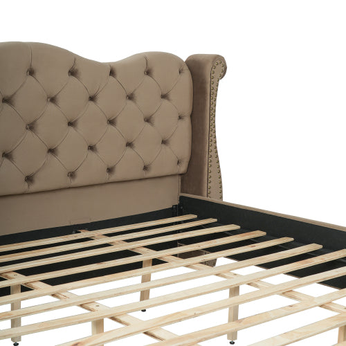 CAMA BROWN 008 KING SIZE SOLAMENTE - King Size Upholstered Bed Frame With Velvet Fabric &Thick Tufted Wingback Headboard