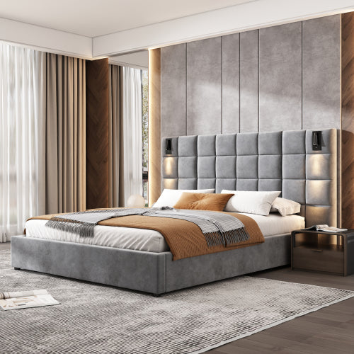 CAMA GRIS QUEEN/KING 005 - King Size Upholstered Bed Frame,With Wall Sconce And USB Port, Wide Headboard, Velvet, Gray