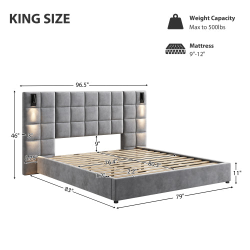 CAMA GRIS QUEEN/KING 005 - King Size Upholstered Bed Frame,With Wall Sconce And USB Port, Wide Headboard, Velvet, Gray