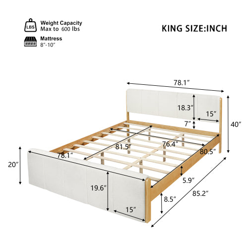 CAMA BLANCA 006 QUEEN/KING - Upholstered Bed Frame, Natural Wood Trim with White Fabric, Pine Wood with MDF, 600 LBS Weight Capacity, Fits 8"-10" Mattress, No Box Spring Needed