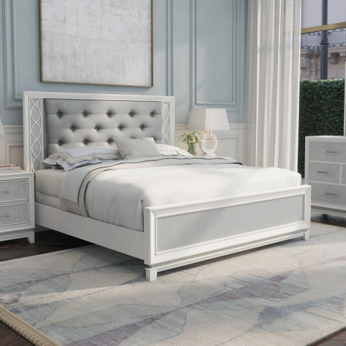 CAMA GRIS 007 KING SIZE SOLAMENTE - Galaxy Upholstered Tufting Panel Bed with LED Lights in Pearlized White, King