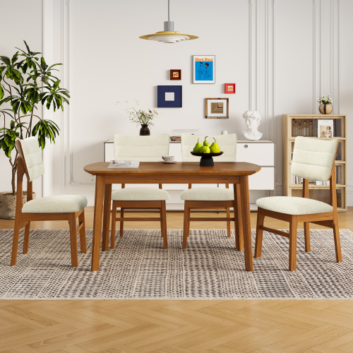 COMEDOR #11-Farmhouse Dining Table Set for 4, Wood Kitchen Table & 4 Upholstered Chairs with Sturdy Rubber Wood Frame, Padded Seat, Curved Backrest, Space-Saving Dinette Set for Dining Room, Brown+Biege