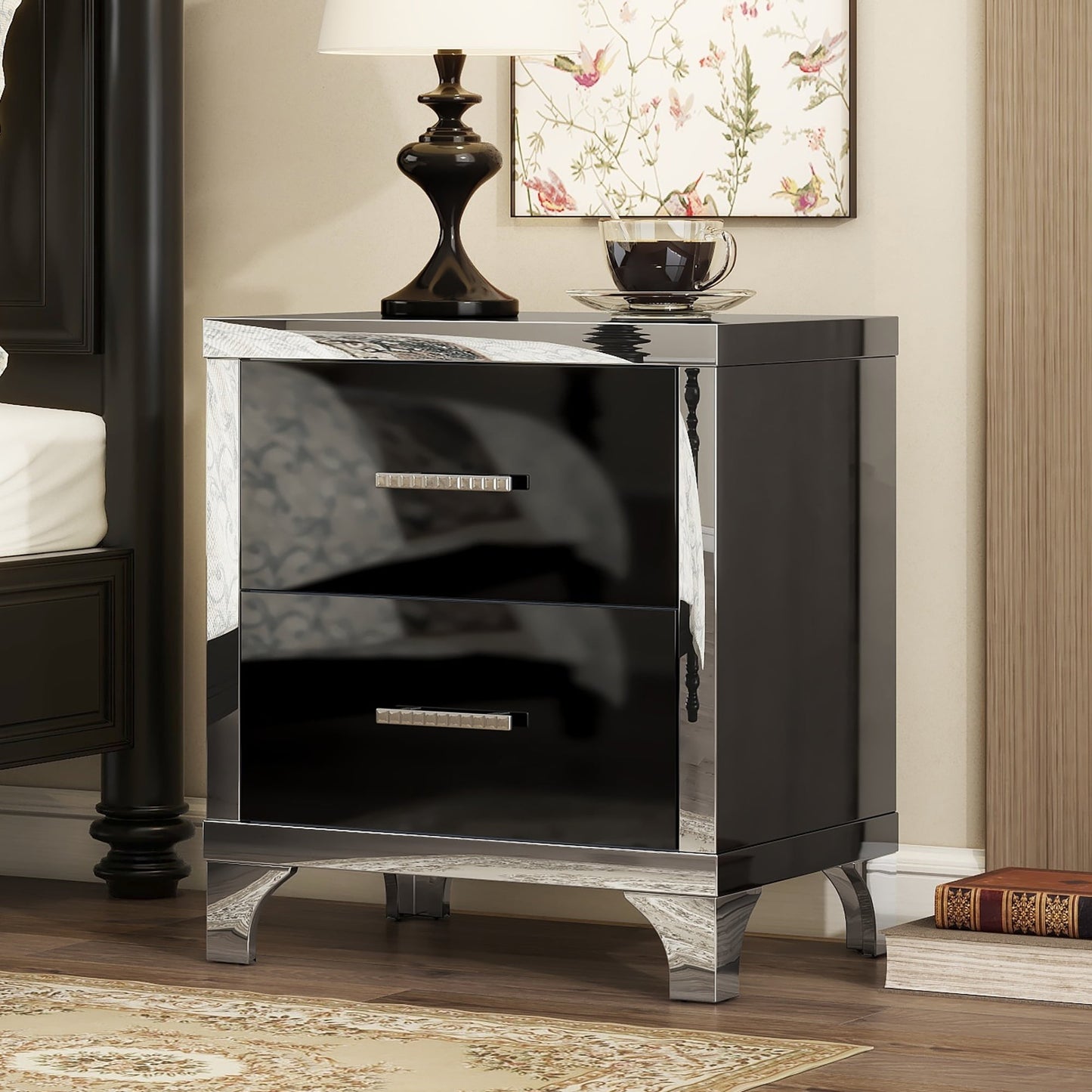 48-MESITAS DE NOCHE / NIGHTSTANDS #5 - ALTO BRILLO NEGRO CON 2 GAVETAS - SET DE 2 - $699