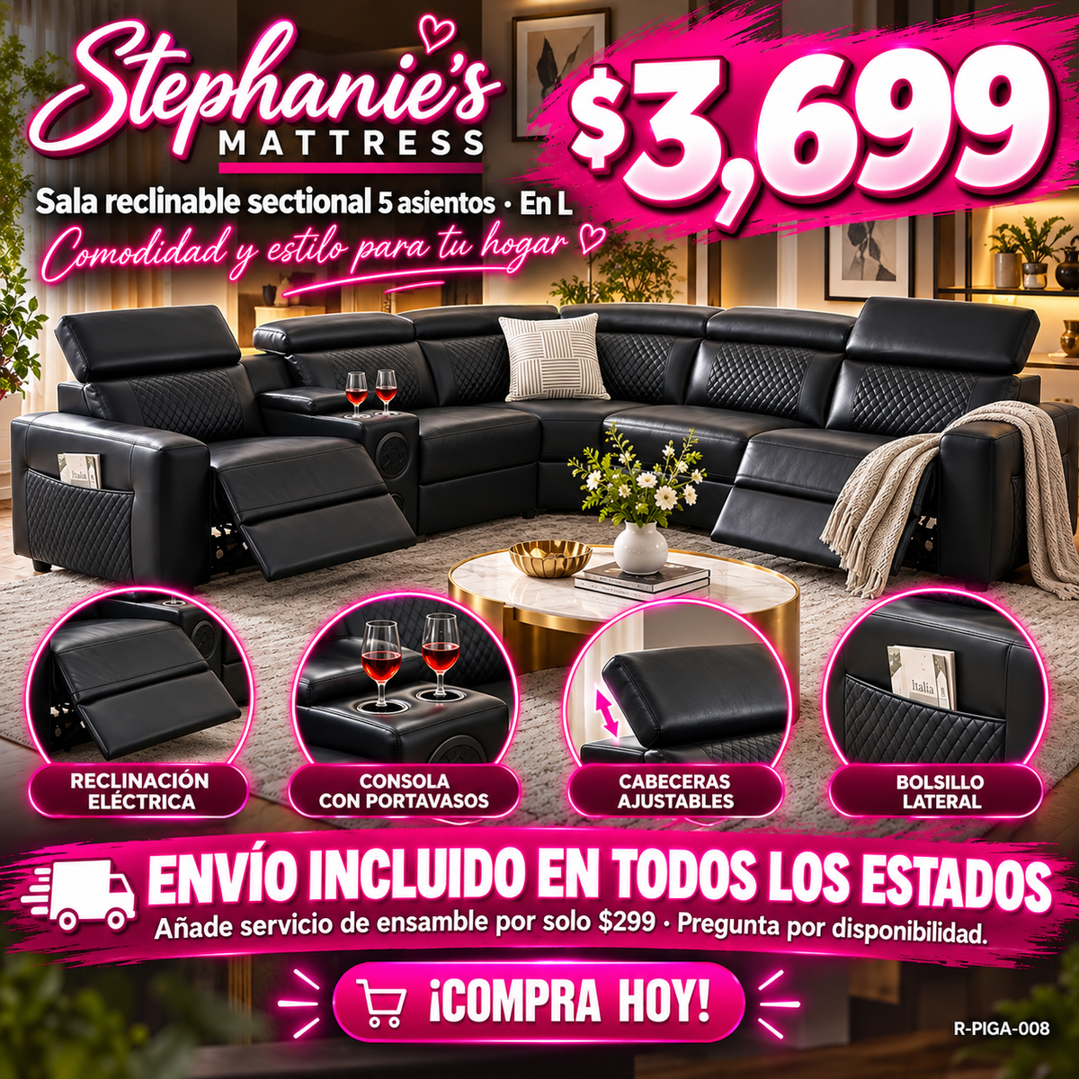 48-RECLINABLES-008 es la Black Quilted, seccional 5 asientos en L, a $3,699