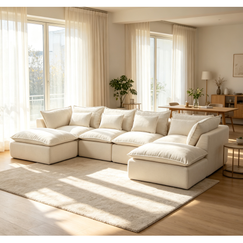 SALA CREMA #22-BEIGE 129.8" Width Cloud Couch Oversized Modular Sectional Sofa True Relax Comfy Couches Wide&Deep Seat Sofas for Living Room Furniture Sets,Waffle Fabric , 4Seat with 2Ottoman