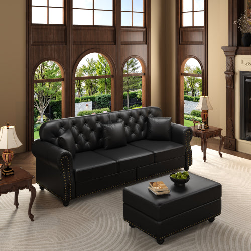 SALA NEGRAS #13-Black Sofa 82.6"Upholstered Faux Leather Sofa with Nailhead Trim and Rolled Armrests,Mid-Century Modern Chesterfield Sofa with Button Tufted,Includes 3 Pillows,Black