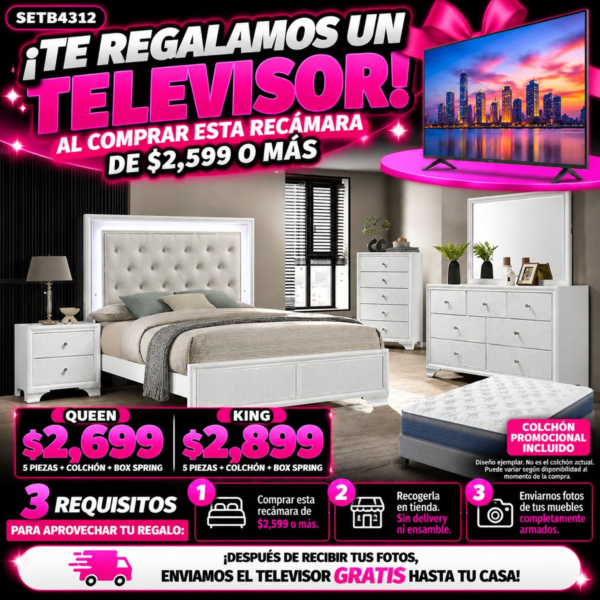 Recámara blanca 5 piezas cabecera tapizada con luces