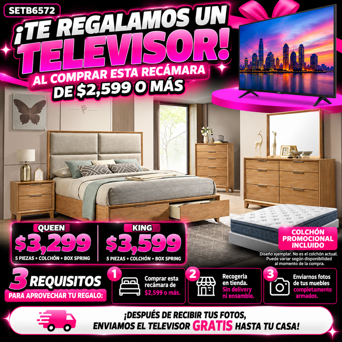 Recámara madera clara 5 piezas cabecera tapizada y cajones