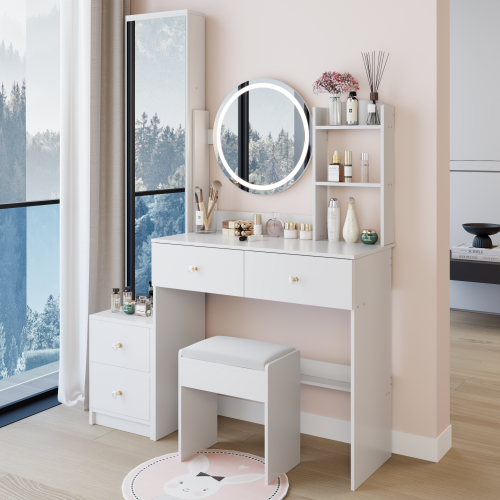 48-Vanity $599-Full Body Mirror Cabinet + Round Mirror LED Vanity Table + Cushioned Stool