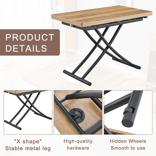 COMEDOR #21 Table and chair set.Modern Multifunctional Lifting Platform,Natural Wood Grain Sticker MDF Desktop, Black Metal Legs.Paired with 4 Black Linen-Cotton Material High Resilience Dining Chair.
