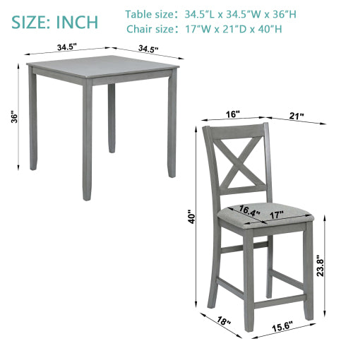 COMEDOR #15 5 Piece Dining Table Set, Wooden Dining Square Table Set for 4, Counter Height Kitchen Table Set with Square Table and 4 Upholstered Chairs for Small Space, Gray