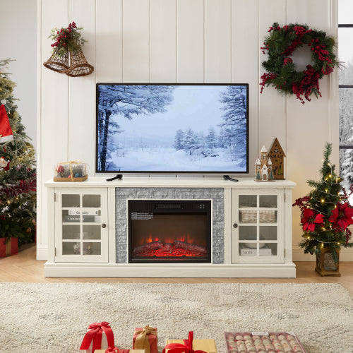 48 - TV STAND CON CHIMENEA #7 - 70" Modern TV Stand with 2-Door Storage & 23" Electric Fireplace, Faux Stone Media Console Cabinet, White Large Entertainment Center for Living Room