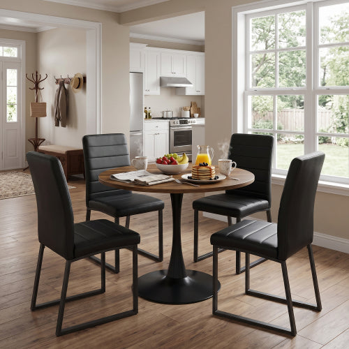 COMEDOR #19-31.5'' Round Dining Table and Chairs for 4, Space Saving Modern Casual Coffee Table Set for Apartment Kitchen Dining Room (Walnut Color Table+4 Black Chairs)