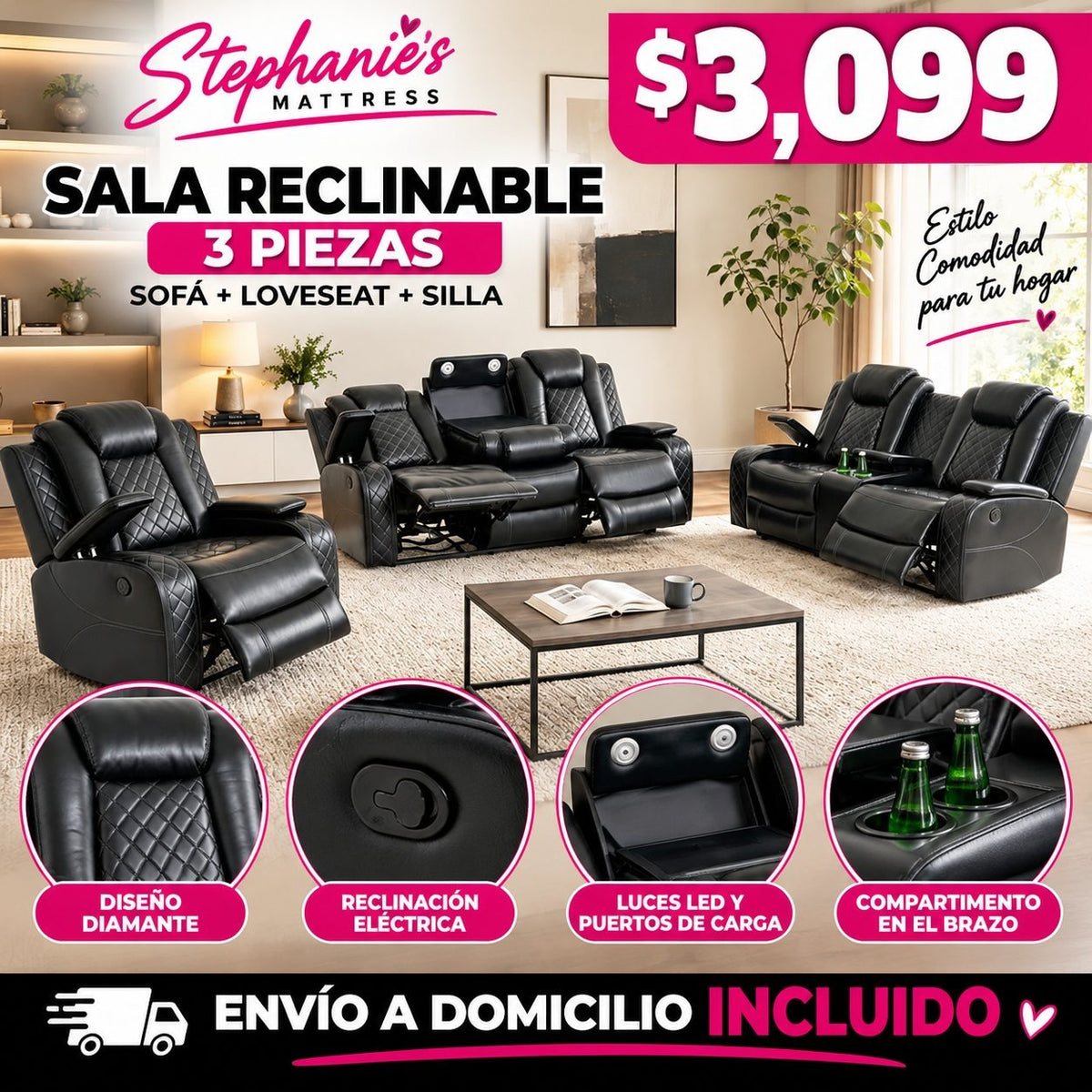 48-Reclinables Senz 3pcs Sofa Loveseat manul no electrica