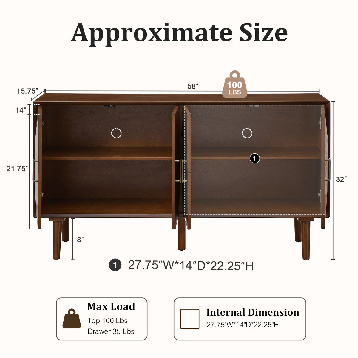 Sideboard Buffet Cabinet, Storage Credenza For Living Room - Walnut
