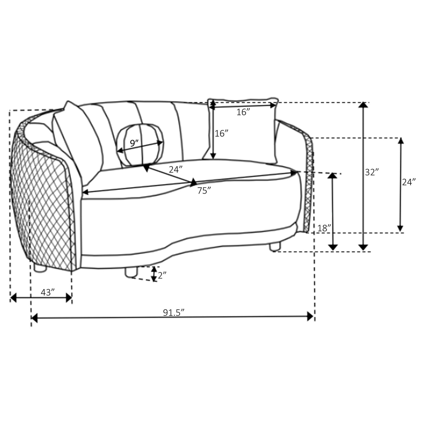Luxe Upholstered Curved Sofa With Trim And Diamond Quilting - Dark Gray