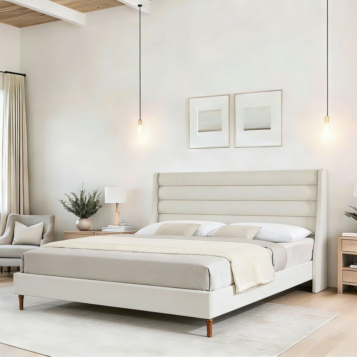 Modern Upholstered Platform Bed With Wave Shaped Headboard