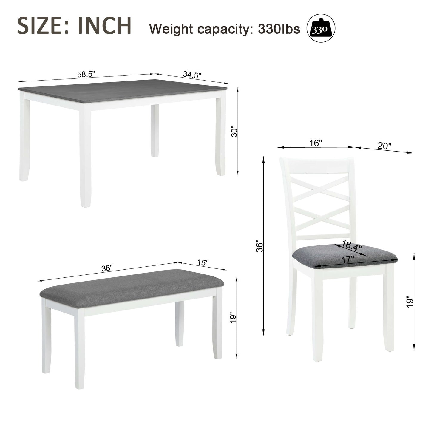 Elegant 6 Piece Dining Table Set With 4 Chairs And Bench