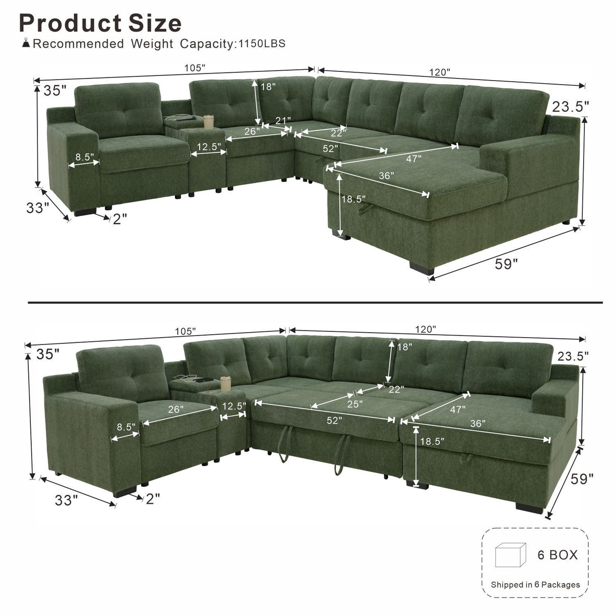 U - Shape Sectional Pull Out Bed With Console, Storage, And USB Charging