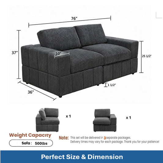 Oversized Modular Loveseat, 2 Piece Living Room Sofa Set - Dark Gray