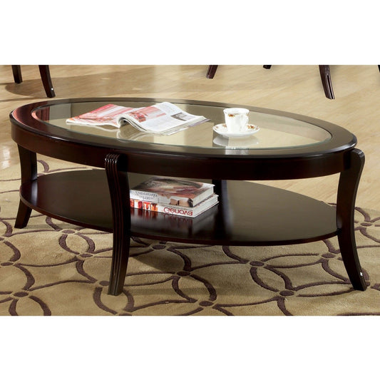 Oval Coffee Table With Beveled Glass Top And Open Lower Shelf - Espresso